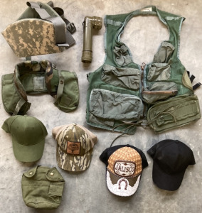 ARMY SURVIVAL VEST, YOKE AND COLLAR OUTERSHELL SIZR LARGE, ARMY WAISTBELT, CANTEEN COVER, FULTON FLASHLIGHT (WORKS) AND FOUR HATS