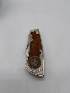 Pocket Knife With Wooden Handle and Penny