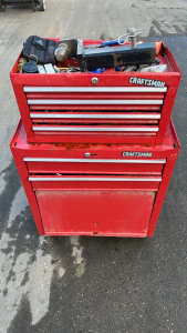 RED CRAFTSMAN TOOL BOX W/ TOOLS ( 41”x 27”)