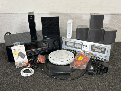 SONY SPEAKERS, ONKYO STEREO RECEIVER, ROUTERS, AUDIO RECEIVER, JVC STEREO CASSETTE DECK AND MORE. BOTH RECEIVERS POWER ON