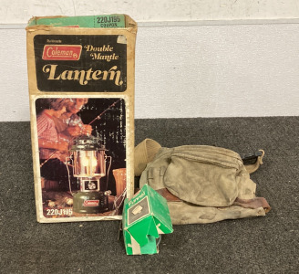 (1) VINTAGE COLEMAN DOUBLE MANTLE LANTERN WITH ORIGINAL BOX, AND (1) COLEMAN FILTER FUNNEL, WITH (1) TOOL BELT