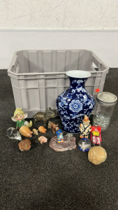 LARGE BLUE/ WHITE VASE, STONE FROGS, STONE MICE AND MORE