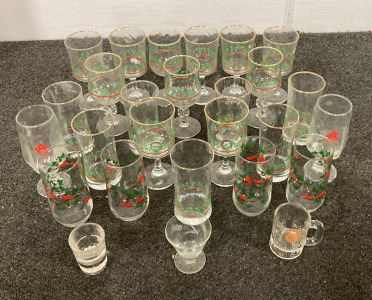 (27) PEICE GLASSWARE SET WITH HOLIDAY GLASSES, SHOT GLASSES AND MORE