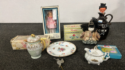 BILLIE TIARA DOLL, GLASS PAPER WEIGHT, LITTLE BROWN JUG DECANTER, AND MORE