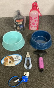 TWO DOG BOWLS, ANIMAL NAIL TRIMMERS, DOG BRUSH, EXTRA SMALL DOG COLLAR, DOG MAGNET, DOG SHAMPOO, PORTABLE DOG WATER BOTTLE