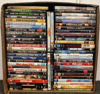 BOX OF DVDS INCLUDING THE HULK, THE GOLDEN COMPASS, GODZILLA, FAILURE TO LAUNCH, 21 JUMPSTREET, JOYRIDE, WHAT ABOUT BOB, JUMANJI, THE NET AND MORE