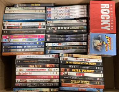 DVDS AND VHS TAPES INCLUDING ROCKY VHS COMPLETE SET, INDIANA JONS CHAPTERS 23, 24, AND 25, WEDDING CRASHERS, LIFE, WILL PENNY, OUTLAW JUSTICE, GRACE UNDER FIRE AND MORE