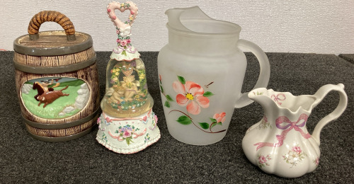 PAINTED PITCHER, CREAM PITCHER, MUSIC BOX AND BARREL CONTAINER