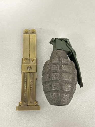 SCISSOR ACTION BRASS TONED PARATROOPER KNIFE WITH WWII GERMAN MARKINGS AND MK2 WWII PINEAPPLE STYLE HAND GRENADE (INERT)