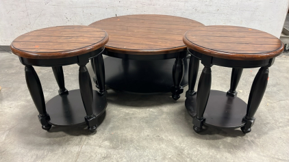 LARGE ROUND WOOD/ BLACK COFFEE TABLE W/ MATCHING SIDE TABLES