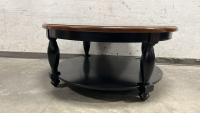 LARGE ROUND WOOD/ BLACK COFFEE TABLE W/ MATCHING SIDE TABLES - 2