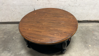 LARGE ROUND WOOD/ BLACK COFFEE TABLE W/ MATCHING SIDE TABLES - 3