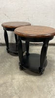 LARGE ROUND WOOD/ BLACK COFFEE TABLE W/ MATCHING SIDE TABLES - 4