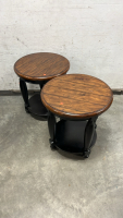 LARGE ROUND WOOD/ BLACK COFFEE TABLE W/ MATCHING SIDE TABLES - 5