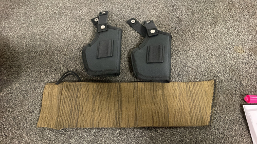 (2) PISTOL HOLSTERS AND PISTOL SLEEVE