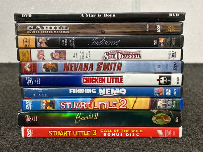 (10) DVD MOVIES INCLUDES: A STAR IS BORN, STUART LITTLE 2&3, FINDING NEMO, AND MORE