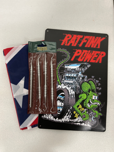 4 PIECE DENTAL PICK SET, RAT FINK CARTOON METAL SIGN (8x12), AND 3’x5’ CONFEDERATE BATTLE FLAG