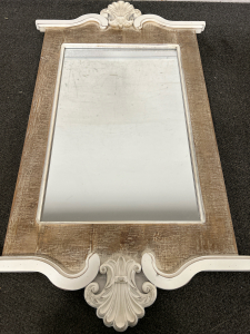 WALL MIRROR WITH RUSTIC FRAME AND DECORATIVE PIECES (MIRROR IS 15”x23”-FRAME IS 23”x40”)