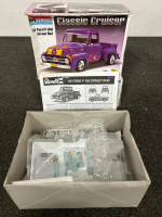 UNFINISHED 65’ CHEVY STEPSIDE PICKUP 2’n 1 MODEL, UNOPENED ‘55 FORD F-100 STREET ROD MODEL, 2 HARLEY DAVIDSON TOY MOTORCYCLES AND A SHOEBOX SIZE TOTE WITH CD’S: THE BEATLES, ELVIS, ALICE COOPER, GUNS ‘N ROSES AND MORE - 2