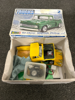 UNFINISHED 65’ CHEVY STEPSIDE PICKUP 2’n 1 MODEL, UNOPENED ‘55 FORD F-100 STREET ROD MODEL, 2 HARLEY DAVIDSON TOY MOTORCYCLES AND A SHOEBOX SIZE TOTE WITH CD’S: THE BEATLES, ELVIS, ALICE COOPER, GUNS ‘N ROSES AND MORE - 3