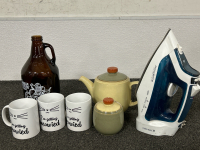 STONE TEAPOT WITH SUGAR BOWL, 3 COFFEE CUPS, EMPTY BEER GROWLER AND STEAM IRON WITH CORD KEEPER