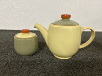 STONE TEAPOT WITH SUGAR BOWL, 3 COFFEE CUPS, EMPTY BEER GROWLER AND STEAM IRON WITH CORD KEEPER - 2