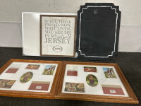 2 COLLAGE PHOTO FRAMES, CHALKBOARD WOOD SLAB, FOOTBALL WALL SIGN AND DRY ERASE BOARD