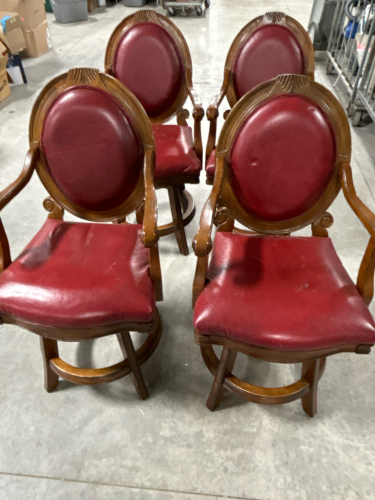 SET OF 4 MATCHING WOOD/VINYL SWIVEL CHAIRS (1 HAS ARM THAT NEEDS REPAIRED)