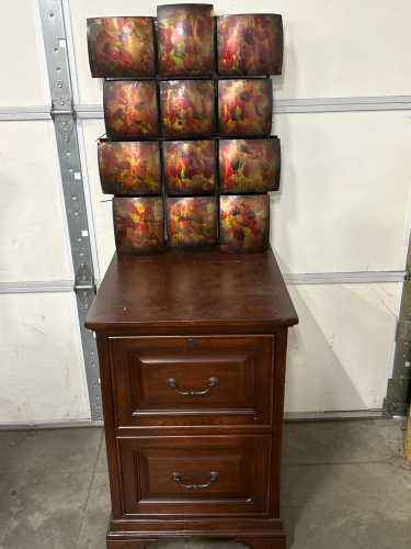 BEAUTIFUL WOOD 2 DRAWER FILING CABINET (21”x31”x25”) AND 2 PIECE METAL WALL DECOR