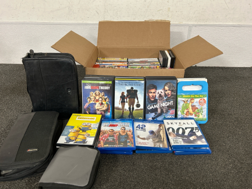 BOX OF DVD’S AND BLUE-RAY MOVIES AND 3 ZIPPER CASES WITH MOVIES