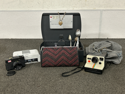 SMALL SAFE WITH FASHION JEWELRY, SILVER TONE SPOONS, FOLDING POCKET KNIFE AND SCALE WEIGHT, PURSES, POLAROID CAMERA, 35MM CAMERA AND CANON SELPHY SMALL PHOTO PRINTER