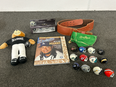 RAIDERS SHOT GLASSES PLUS MONEY CLIP, TINY PLASTIC HELMET AND TEDDY BEAR, L.A. DODGERS MAGAZINE FROM SEPT. 2008-IN GREAT CONDITION WITH MANNY ON THE COVER, LEATHER LOWER BACK BELT, CROWN ROYAL SACK AND TINY NFL PLASTIC HELMETS