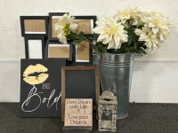 UNIQUE COLLAGE PICTURE FRAME, COUNTERTOP CHALKBOARD, CANVAS, TILE QUOTE ON STAND, CANDLE LANTERN AND METAL VASE WITH FAUX FLOWERS