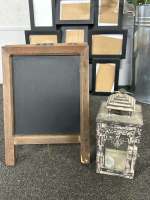 UNIQUE COLLAGE PICTURE FRAME, COUNTERTOP CHALKBOARD, CANVAS, TILE QUOTE ON STAND, CANDLE LANTERN AND METAL VASE WITH FAUX FLOWERS - 4