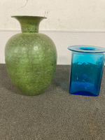 GREEN METAL VASE 15” TALL, BLUE SQUARE GLASS VASE 9.5” TALL