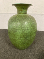 GREEN METAL VASE 15” TALL, BLUE SQUARE GLASS VASE 9.5” TALL - 2