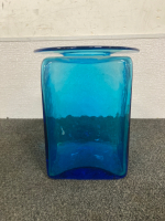 GREEN METAL VASE 15” TALL, BLUE SQUARE GLASS VASE 9.5” TALL - 4