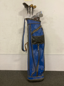 GOLF BAG WITH CLUBS, CLIMA/GARD STRATA-BLOC 1-4 DRIVERS, WILSON BILLY MAXWELL PUTTER, (9) WILSON IRONS, 14 CLUBS IN TOTAL