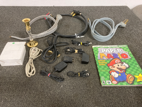 (3) DRYER POWER CORDS, (2) VGA CABLES, MICRO USB CHARGE CORDS, PAPER MARIO STRATEGY GUIDE