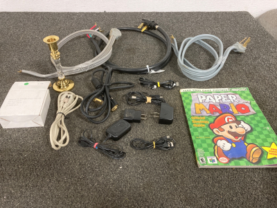 (3) DRYER POWER CORDS, (2) VGA CABLES, MICRO USB CHARGE CORDS, PAPER MARIO STRATEGY GUIDE