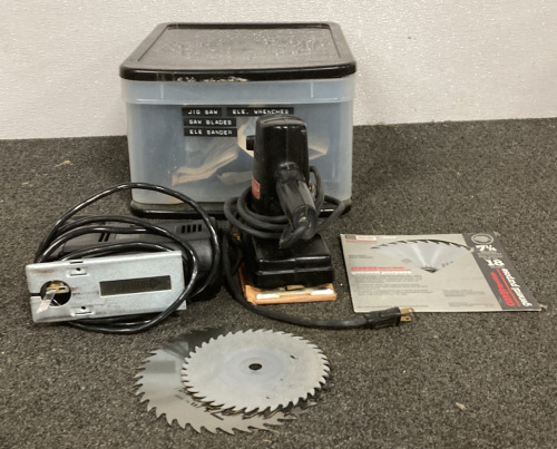 (1) BLACK AND DECKER JIG SAW (POWERS ON), (1) CRAFTSMAN SANDER (POWERS ON) WITH (3) CIRCULAR SAW BLADES AND (1) STORAGE BIN