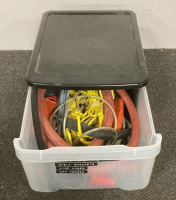 (1) BIN WITH (3) STRAPS, MISC HOSES AND MORE