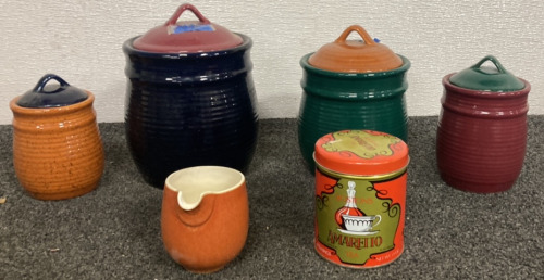 FOUR CERAMIC SUGAR OR FLOUR CONTAINERS, AMARETTO METAL TIN, CERAMIC CREAMER CONTAINER