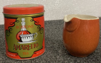 FOUR CERAMIC SUGAR OR FLOUR CONTAINERS, AMARETTO METAL TIN, CERAMIC CREAMER CONTAINER - 5