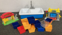 FISHER PRICE TOY SINK, FISHER PRICE TOY CAR WASH AND BARN W/ SINK, SMALL COLORFUL BINS