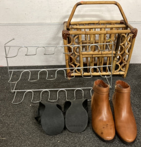 WOODEN BASKET, METAL SHOE RACK, RALPH LAUREN SOZE NINE BOOTS, ICEBUG OVERSHOES