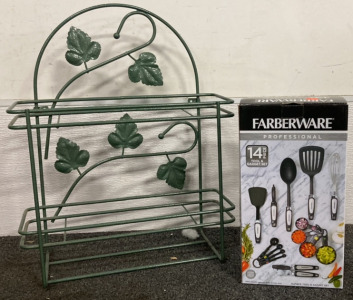 FARBERWARE 14 TOOL AND GADGET PROFESSIONAL SET, METAL GREEN LEAF METAL STAND