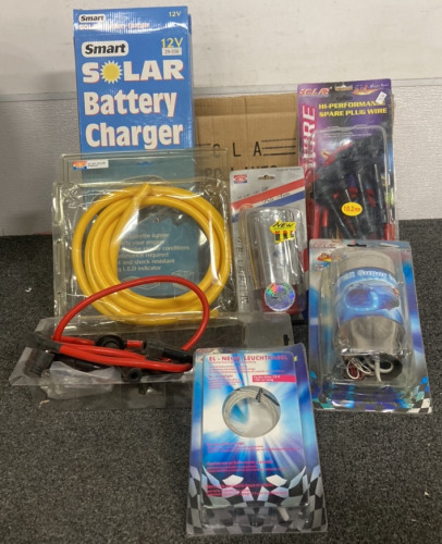 SMART SOLAR BATTERY CHARGER, NEW POLI AUTO MUFFLER EXTENSION, 10.2 MM SPARK PLUG WIRES, NEON WIRE, SUPER LUMINATE LED AND MORE