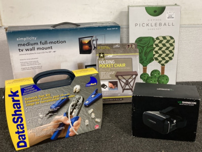 SIMPLICITY MEDIUM FULL MOTION TV WALL MOUNT, DATA SHARK NETWORK TOOL KIT, SIX PIECE PICKLE BALL GAME SET, FOLDING POCKET CHAIR, VR SHINECON GLASSES