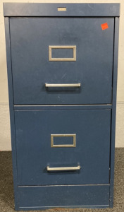 BLUE TWO DRAWER METAL FILING CABINET (15X28X29”)